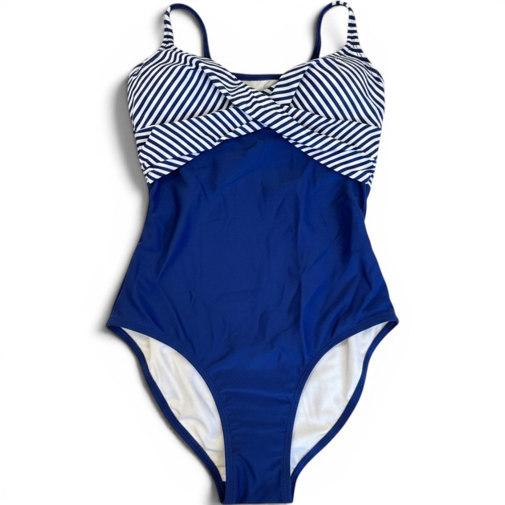 Cupshe  XS Blue White Striped Twisted Front One Piece Swimsuit NWT Nautical